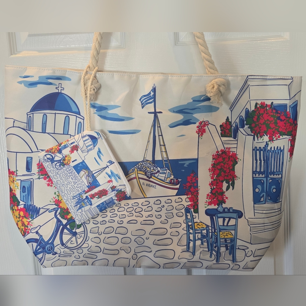 Greek Coastal Print Canvas Tote Bag with Rope Handles and Change Purse - Picture 2 of 8